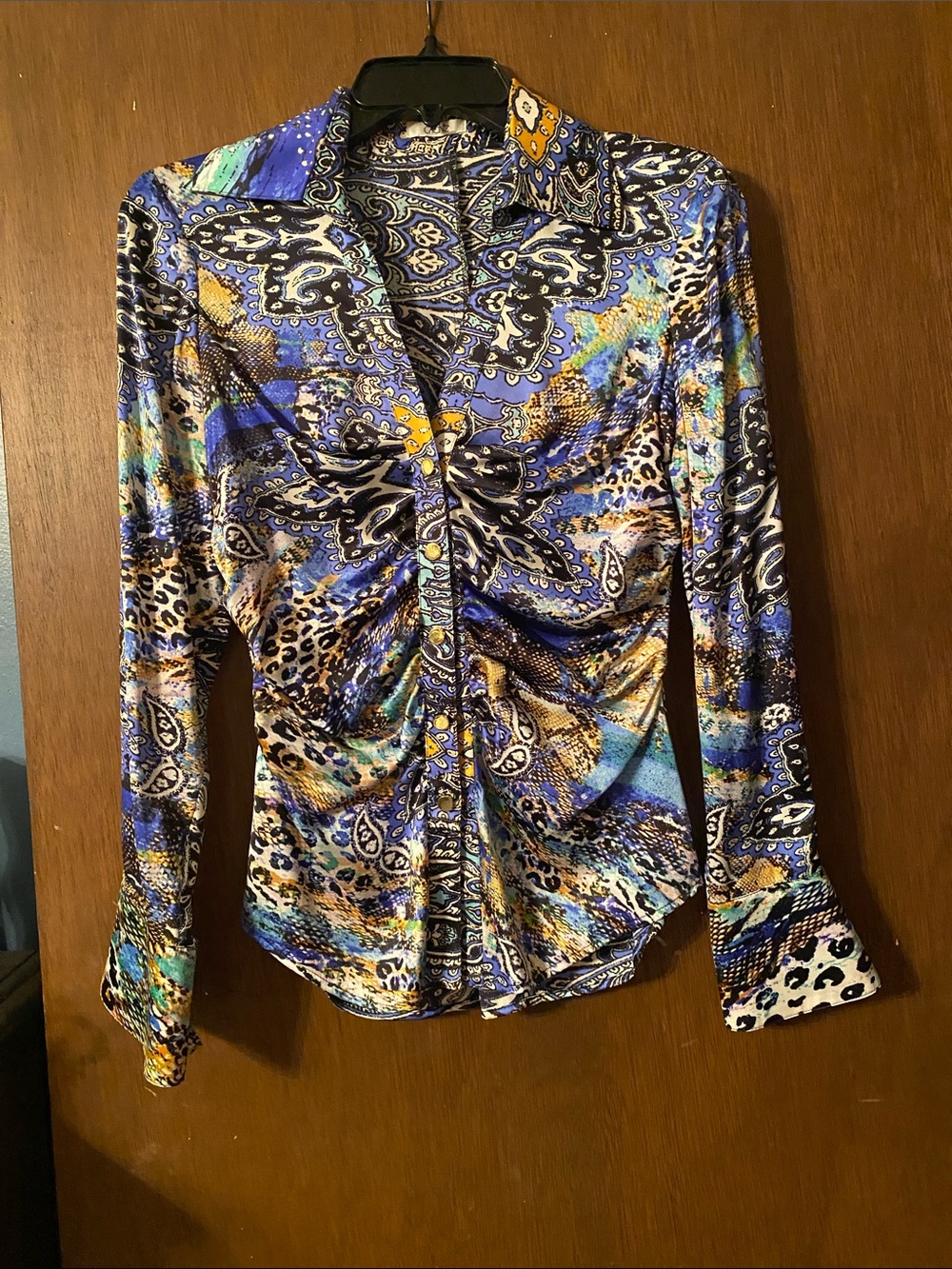 Cache Silk Ruched Long-Sleeve Print Top in Blue